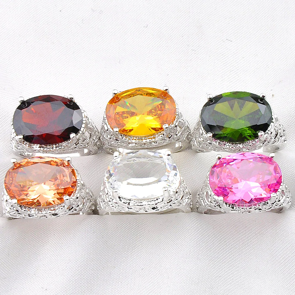 Luckyshine Classic Oval Cut Garnet Citrine Morganite Peridot Topaz Gemstone Silver Rings Size 7 8 9