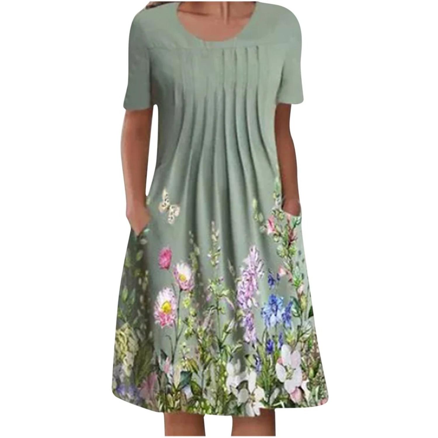 Womens Summer Floral Print Dresses, Clearance Sale, Casual Crew Neck, Short Sleeve
