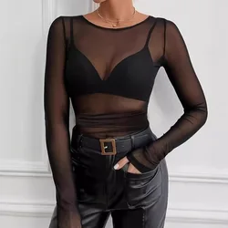 Sexy Women Transparent T shirt long sleeves Black Mesh Tops Summer Brethable See Through Tees Streetwear Women Tops