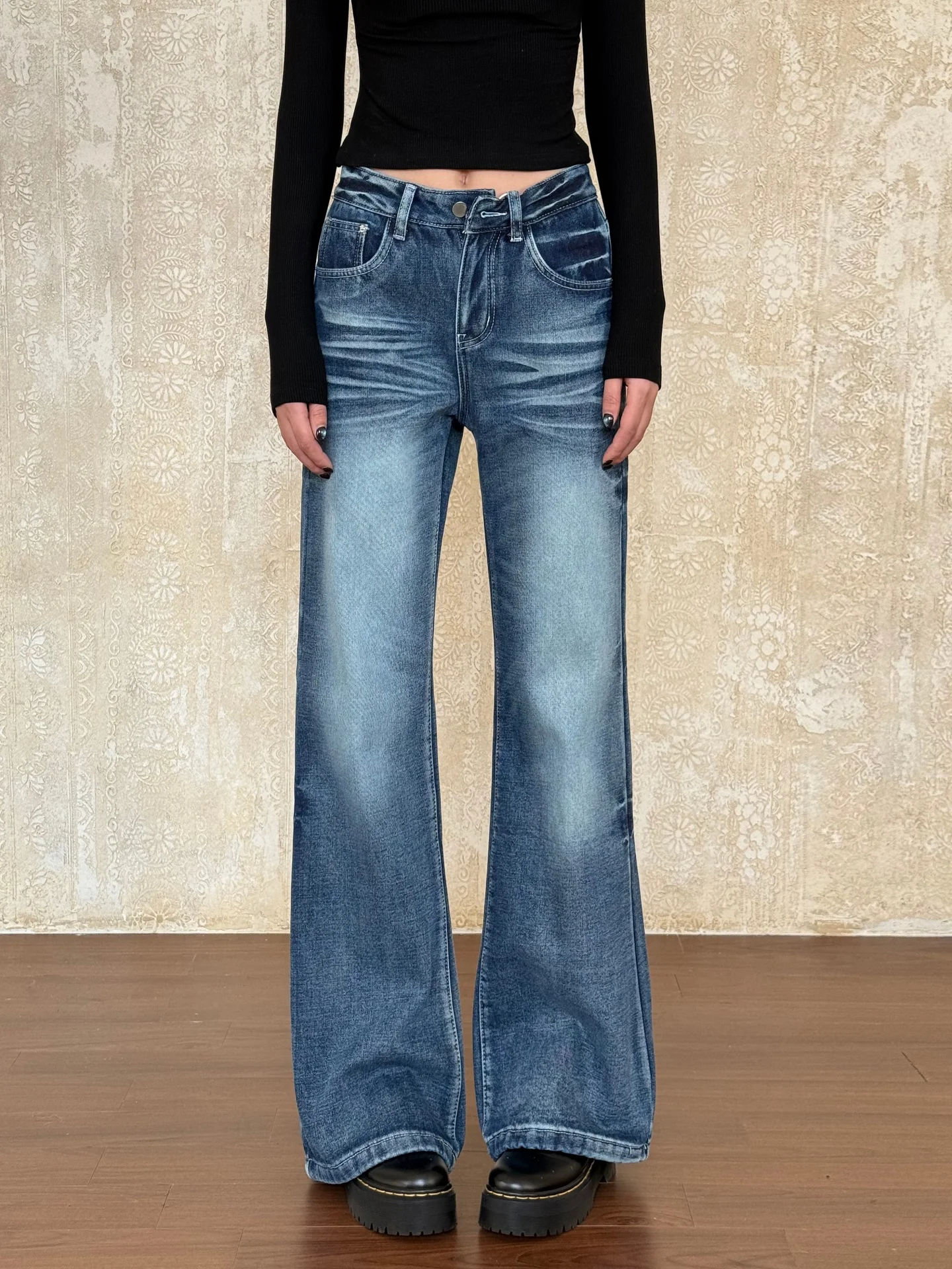 

Винтажные джинсы-клеш с низкой талией в стиле Тан, женские, свободные, прямые, длинные брюки, из хлопка, теплые, эластичные, для стильных девушек