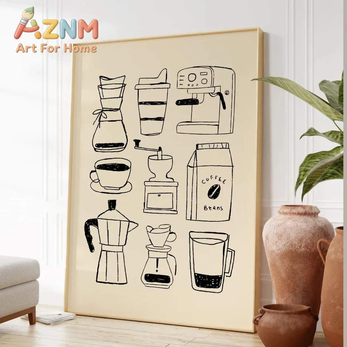 AZNM Coffee Equipment Line Art Canvas Wall Art Minimalist Sketch Coffee Maker Cup Beans Kitchen Wall Decor Unframed Canvas Poste
