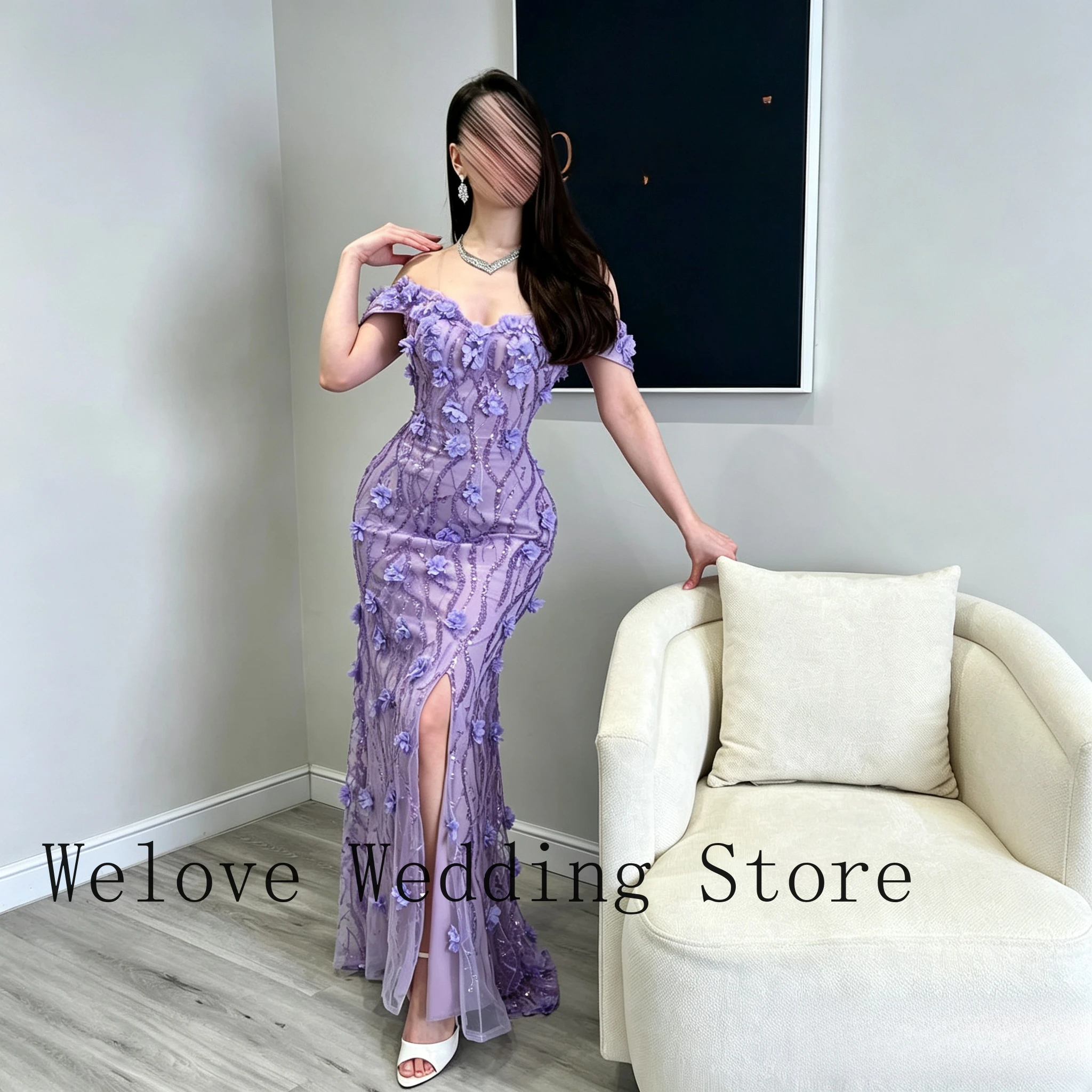 

Formal Evening Gown with Off-the-Shoulder Neckline 3D Floral Appliques Beaded Tulle Mermaid Silhouette and Front Slit for Prom