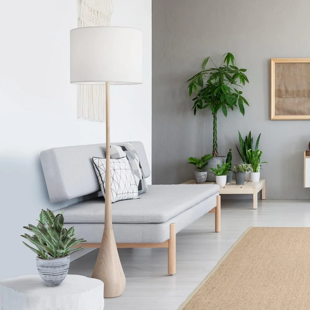 Lampada da terra Globe Electric 52112 65 con finitura in finto legno, paralume in cotone bianco, stile Japandi, base E26, adatta per letto moderno