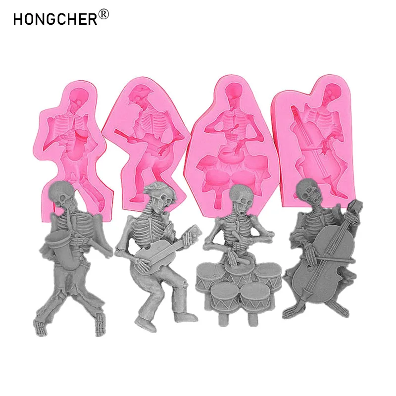 4 teile/satz Schädel Mann Band Combo Silikon Form Halloween Micro Landschaft Dekoration Zubehör Tropf Form DIY Schokolade Werkzeuge