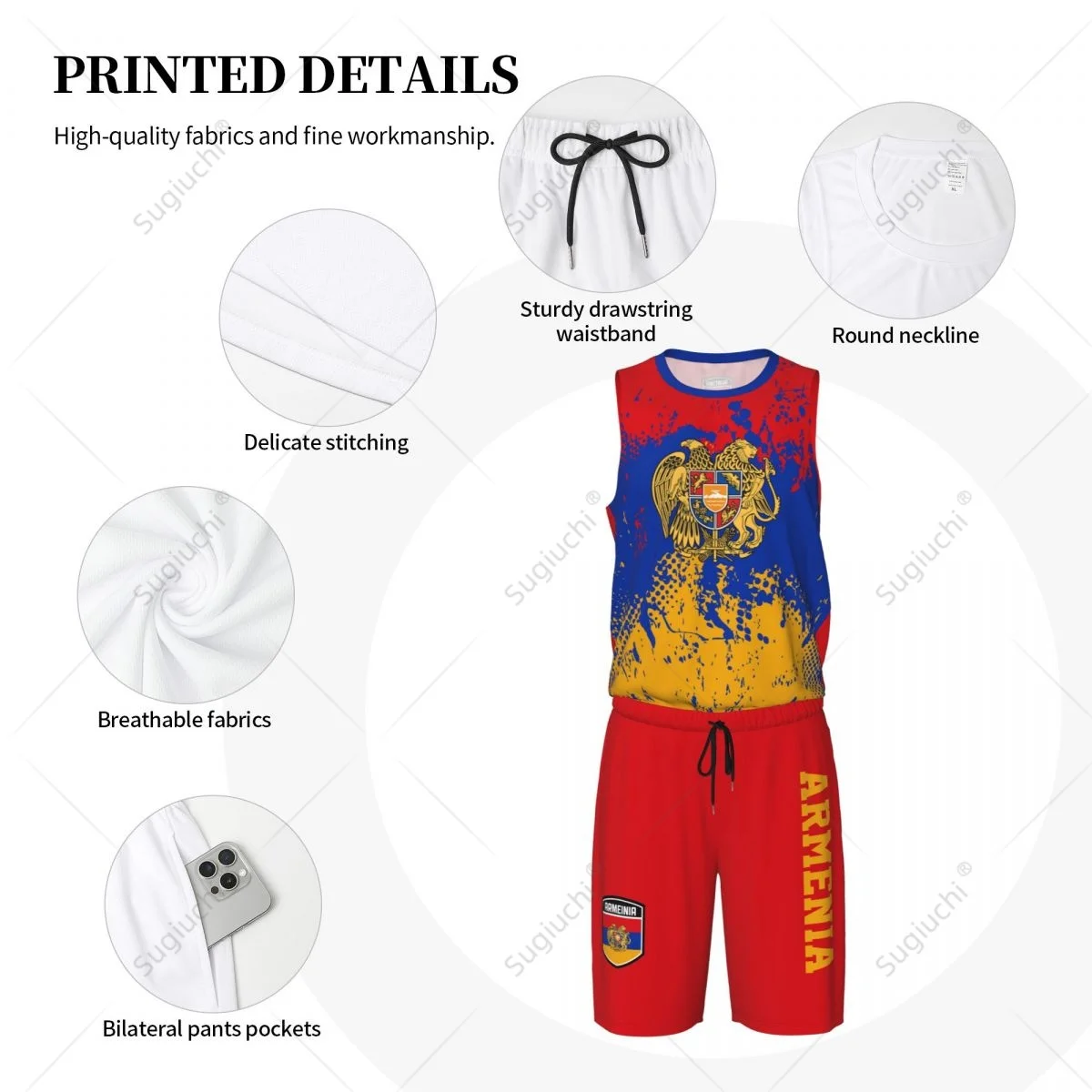 Team-up Armenia Flag Grain Men Basketball Jersey Set Shirt & Pants Sleeveless Custom Name Nunber Exclusive