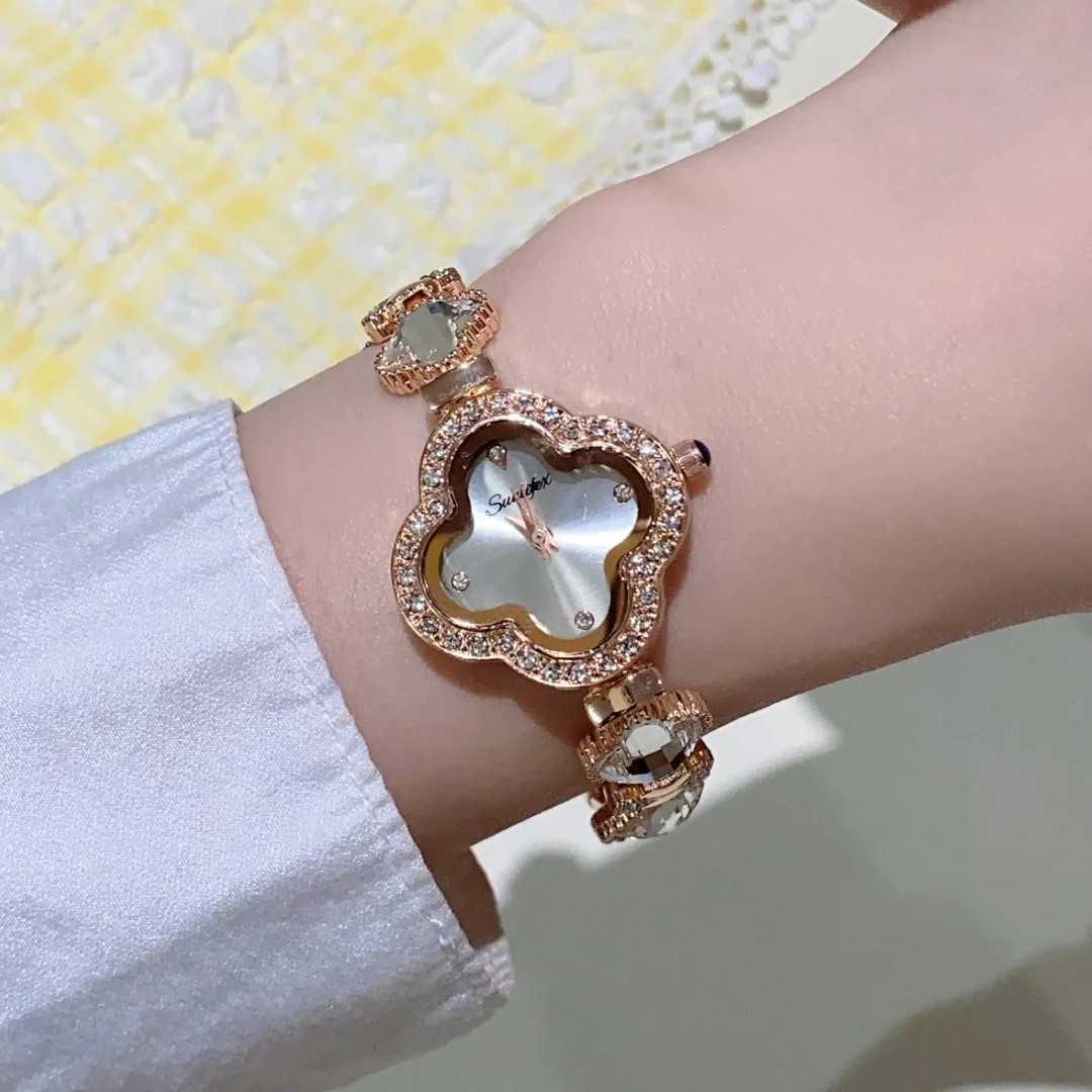 Reloj de pulsera de trébol para Mujer con incrustaciones de cuarzo y diamantes Reloj de pulsera de lujo a la moda para Mujer Reloj para Mujer