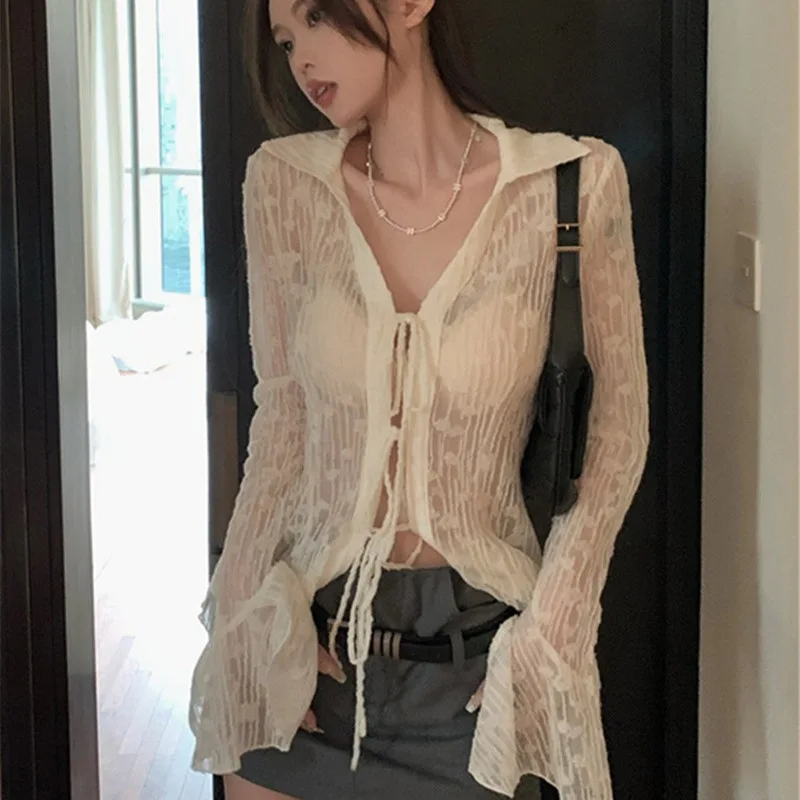 Y2K Long Sleeved Shirt Sunscreen Clothing Cardigan Female Summer Loose Fitting Mesh Yarn Sexy Thin Frenulum Pure Desire Hottie