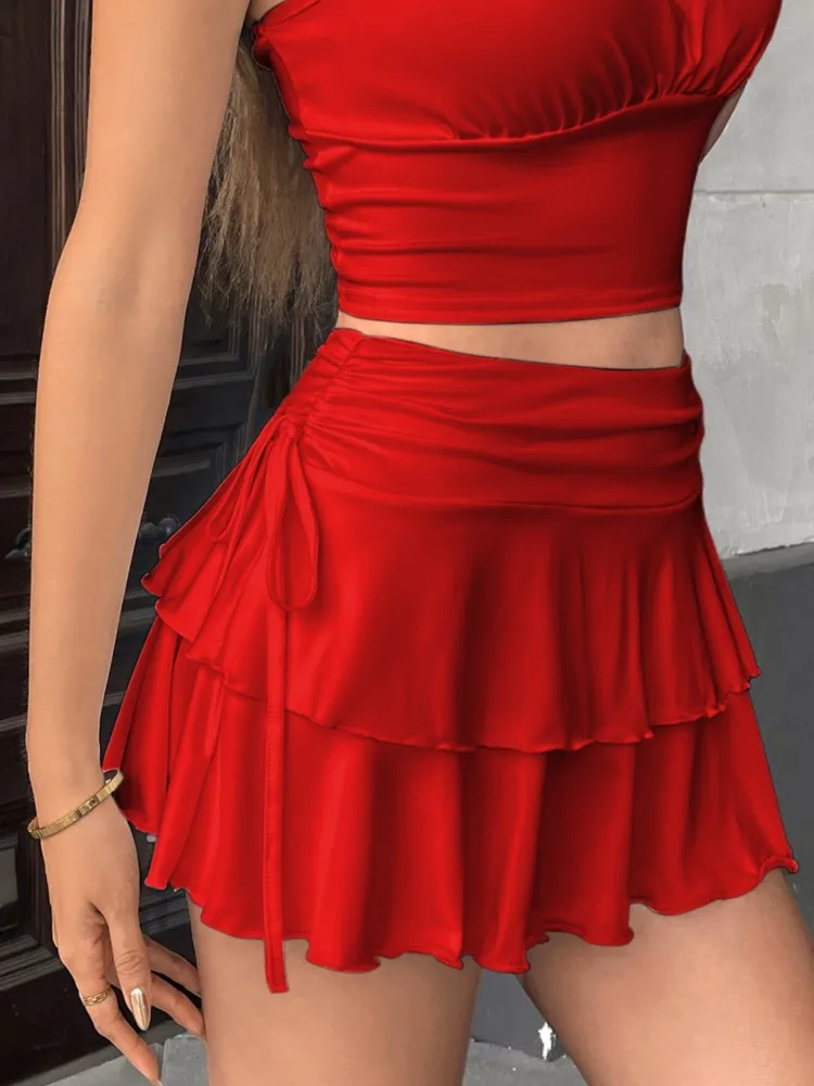 Falda lisa a la moda para mujer, minifaldas elegantes y sexis de cintura alta con volantes y cordones, ropa de calle para vacaciones en la playa para mujer