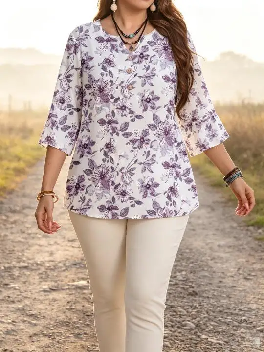 Women Floral Print Blouses Notch V Neck 3 Half Buttons 3/4 Sleeve Lightweight Casual Daily Vacation Tops