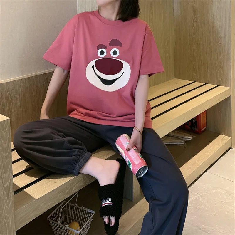 

Disney cartoon Mickey Winnie print summer milk silk pajamas women's short-sleeved trousers suit home wear suit cute girl pajamas