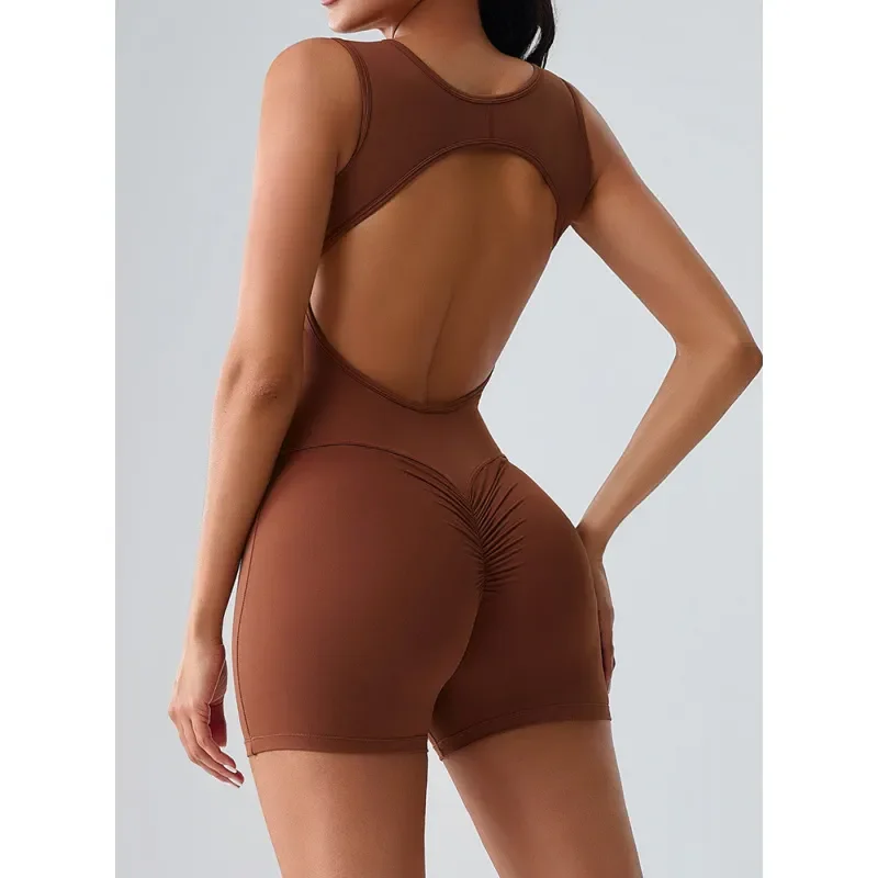 

Comfortable Bare-Skin Feel Seamless Yoga Jumpsuit for Women With Built-in Bra Padded Shorts Hollow-Out Backless Design