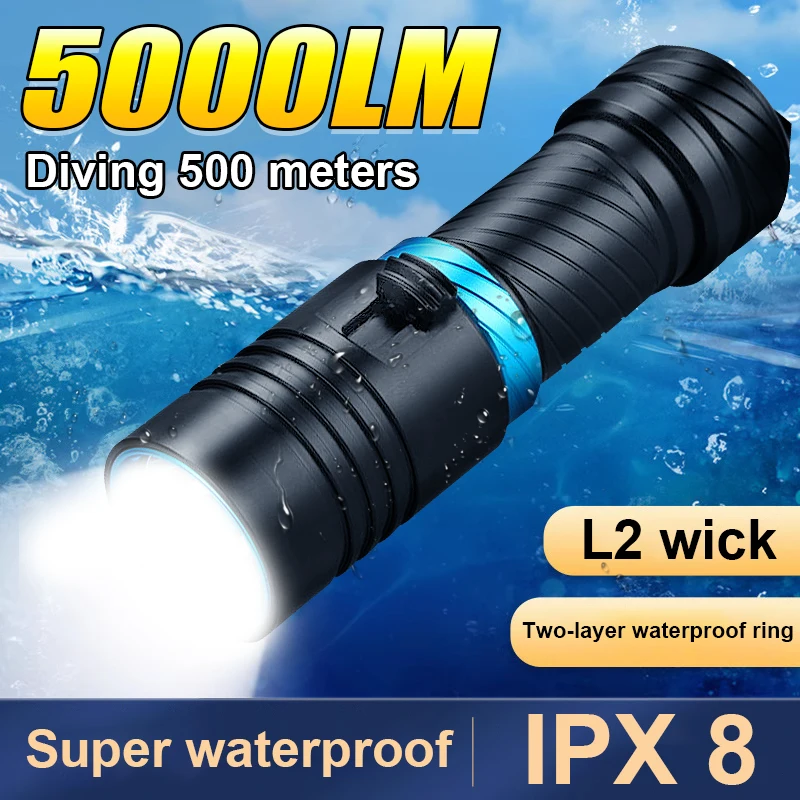 5000LM Professional Diving Torch Black/Brown L2 Wick Underwater Flashlight Waterproof Light Underwater 500m Diving Flashlight