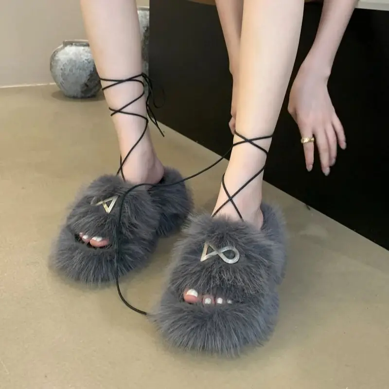 

Серые пушистые сандалии на платформе, женская обувь на танкетке, черные сандалии на высоком каблуке с меховым ремешком и перекрестными ремешками, осенняя женская обувь на массивном каблуке