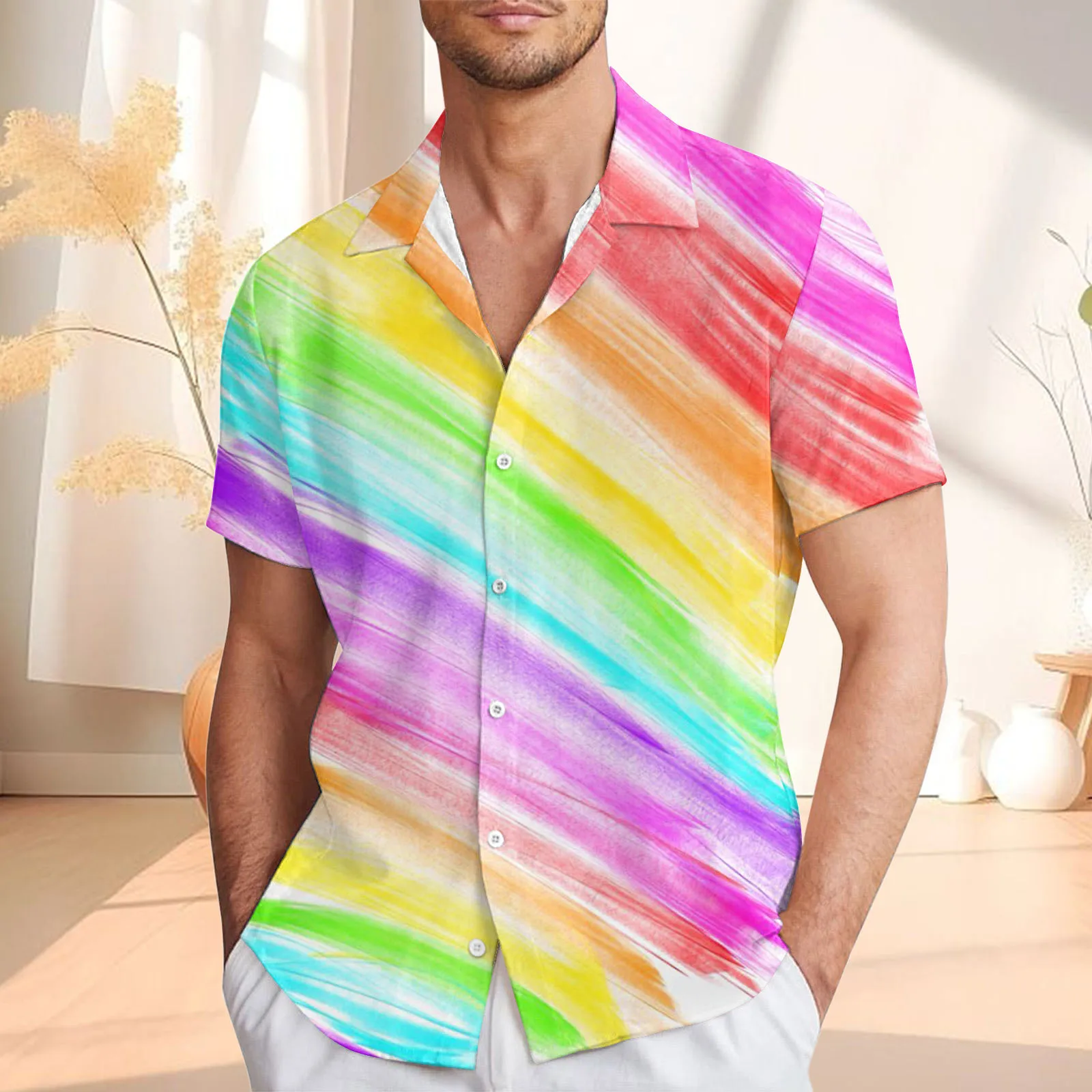 

2025 Summer Romantic Rainbow Pattern Shirt For Men Fashion Short Sleeve Digital Print Tee Shirts Top Mens Hawaiian Shirt