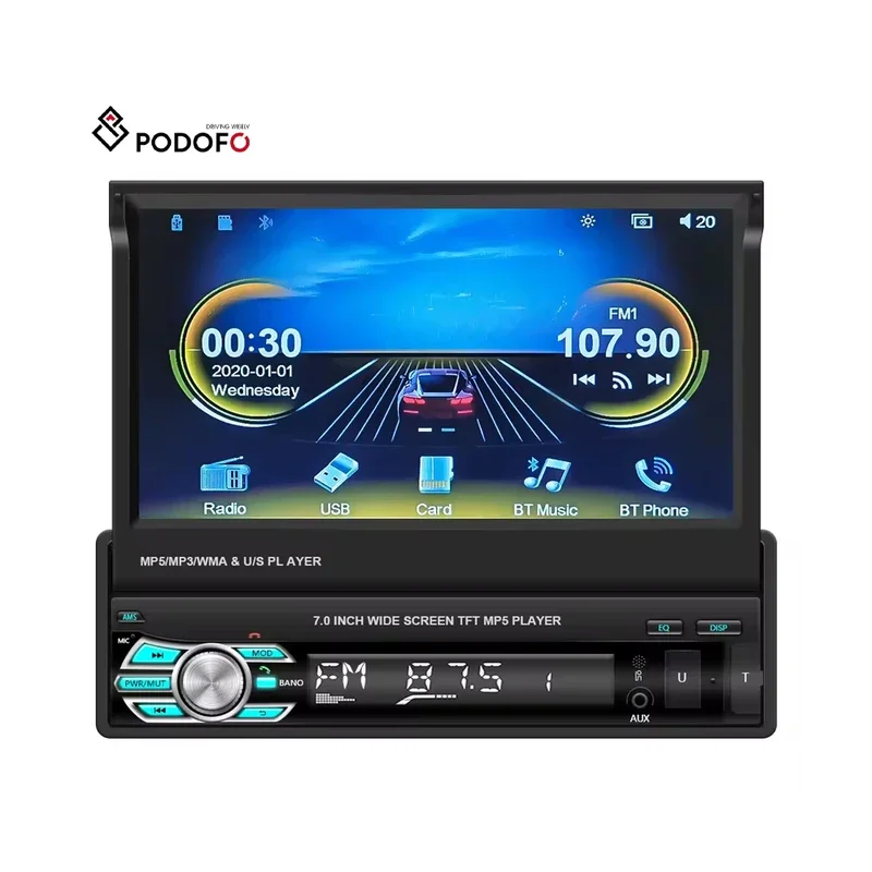 Podobo Single Din Carplay Car Radio Auto Stereo 7 Retractable Touch Screen Autostereo BT FM Aux Input USB Support AHD Camera