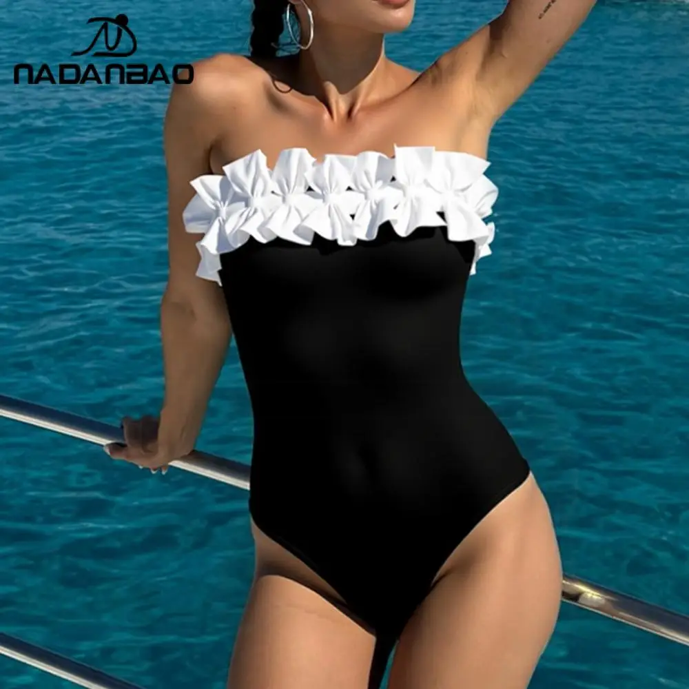 Nadanbao Black White Bow Decoration Bikinis Set Sexy Bandeau One-Piece Swimsuit Women High Elastic Bathing Suit Summer Beachwear