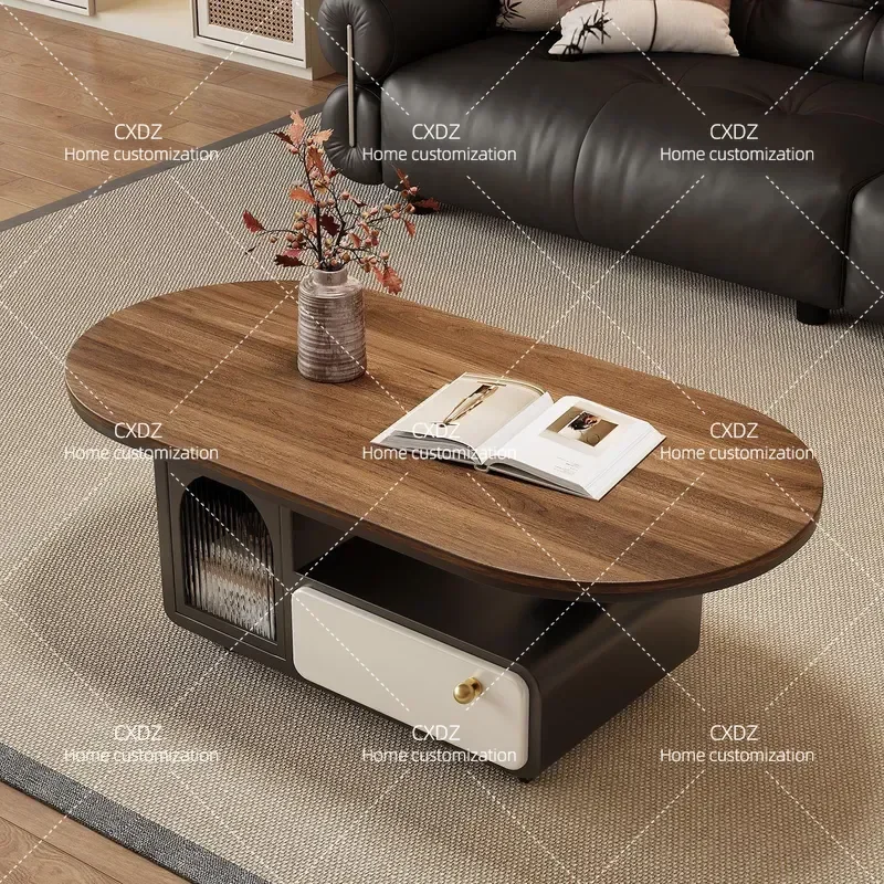 Oval Coffee Table with Rock Slab Top Solid Wood Base Movable Side Table for Living Room Small Apartment Light Luxury Home