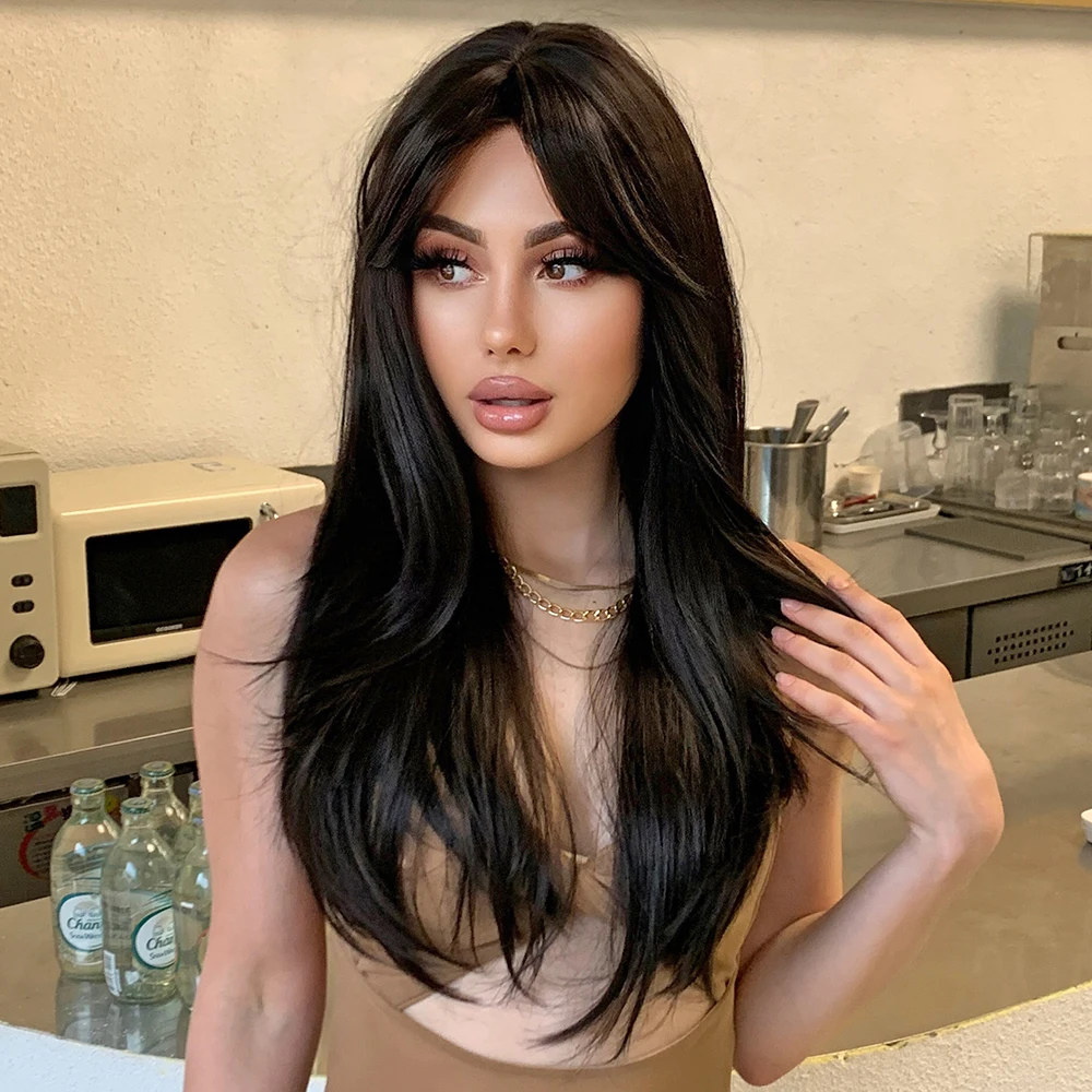 New Fashion Center Parting Eight Bangs Wig Full Head Set Daily Black Long Straight Hair Wig Head Set High-temperature Wire Wig