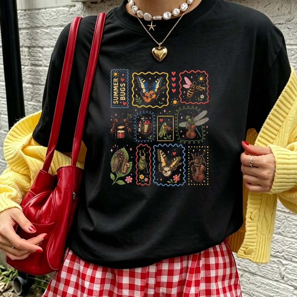 Bugs Stamp Moth Mushroom Wildflower Dinosaur Trombone Goose Print Graphic T-shirt Nature Animal Lover Unisex Casual Cotton Tops