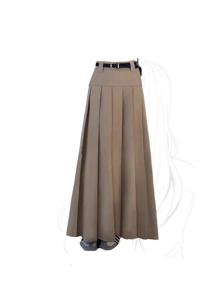 

2023 Women's Khaki Pleated Skirt Harajuku Y2k Skirt Korean Style 90s Fashion Vintage A-Line Long Slit Skirt 2000s Autumn Clothes