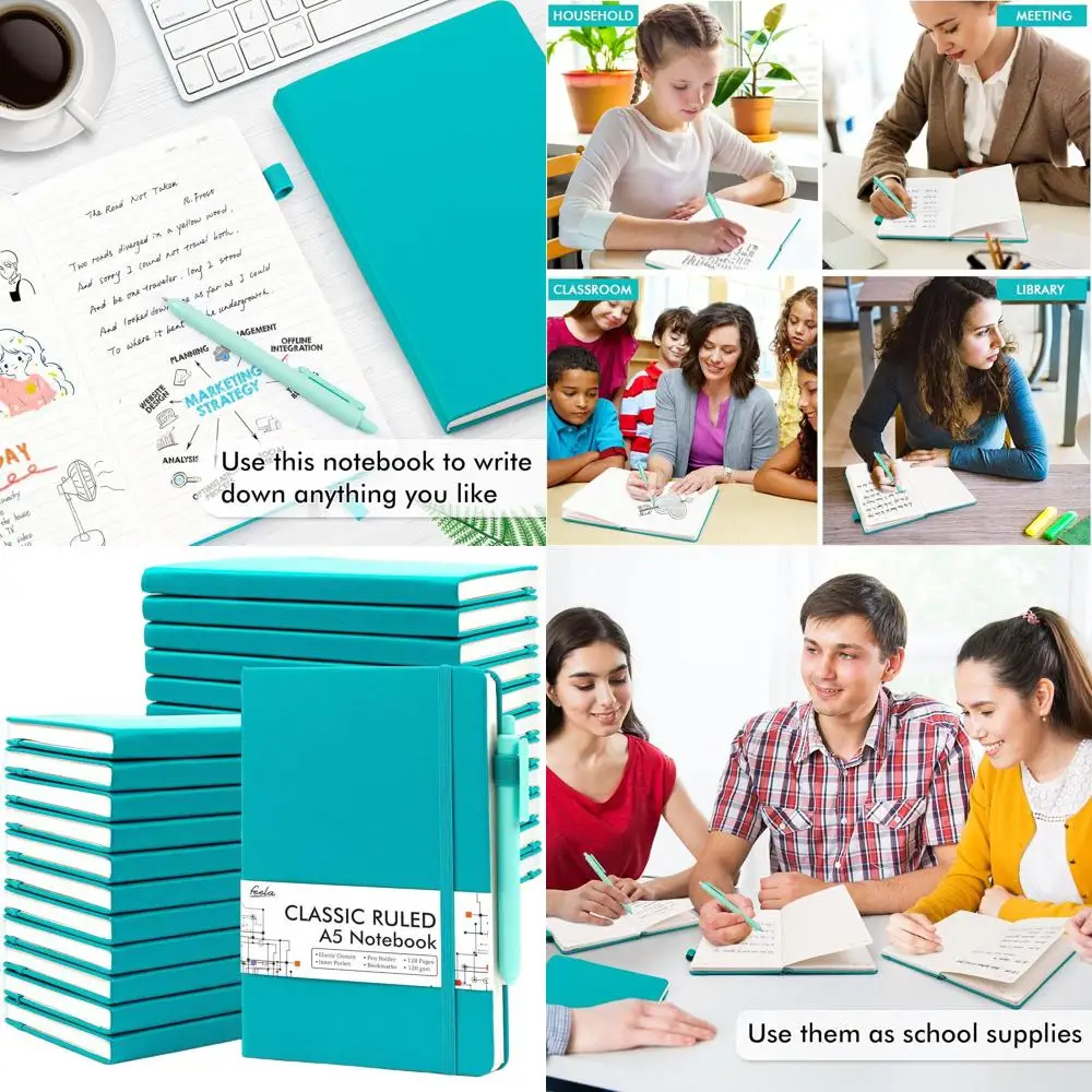 A5罫線入りジャーナルセット、ペン24本付き、ビジネスや仕事用のハードカバーノート、120GSM用紙、5.1x8.3インチ、エメラルドグリーン