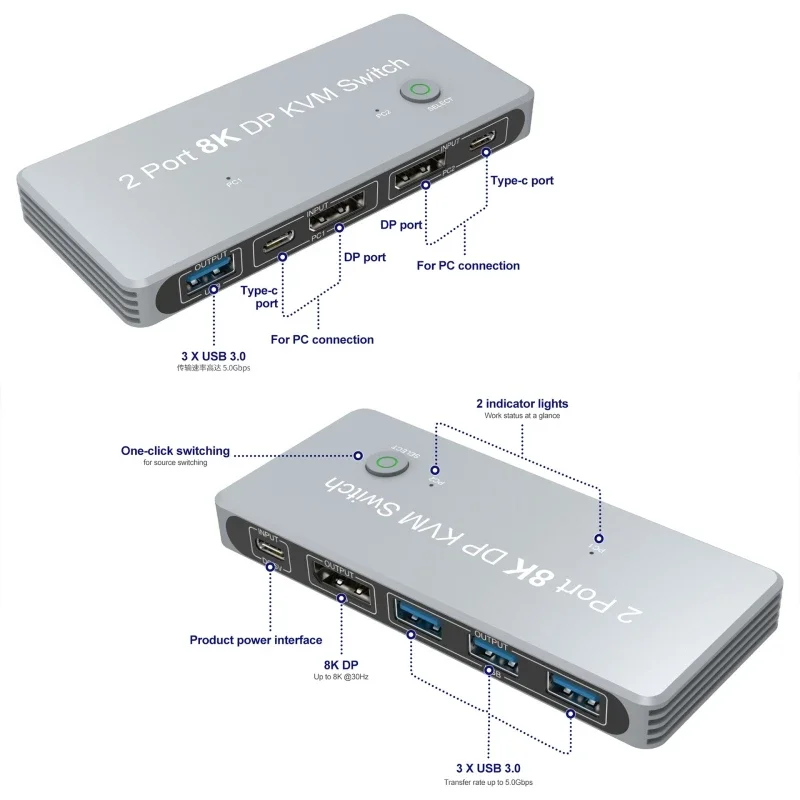 DP 1.4 KVM Switch with USB 3.0 HUB video docking station for thunderbolt 4 usb multi port type c splitter 2x1 Displayport dock