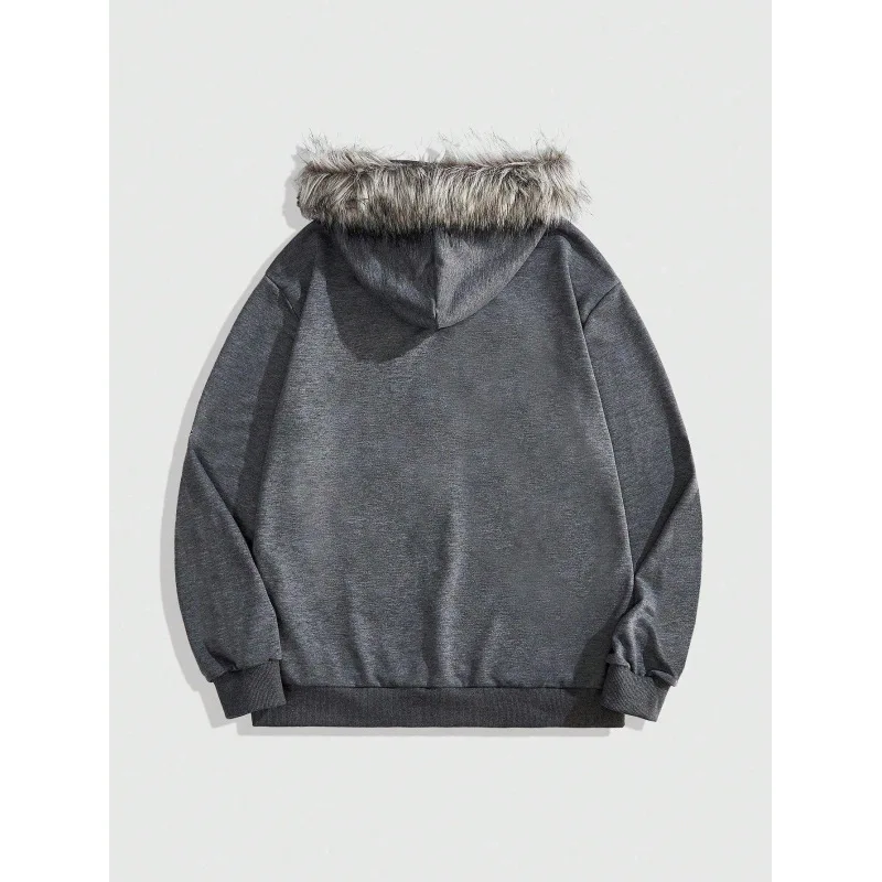 العصرية القوطية الفراء هود قلنسوة بسحاب رمادي للجنسين الشارع الشهير فضفاض لينة الصوف الرجعية المتعثرة ملابس خارجية 2025 فاسق