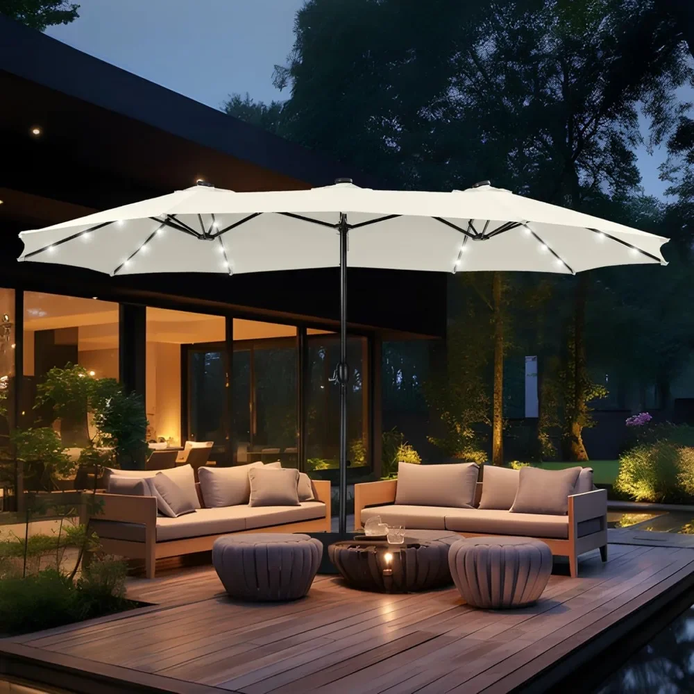 

15ft Double Sided Patio Umbrella with Solar Lights, Outdoor Large Umbrellas with Crank Handle and 36 LED Lights