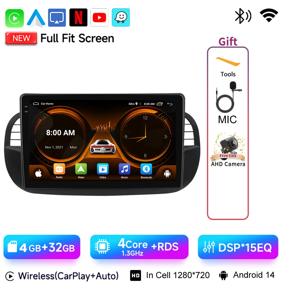 JIUYIN 9 "Android 15 Autoradio Voor FIAT 500 2007-2015 Multimedia Draadloze CarPlay Android Auto GPS Navigatie 4G Stereo Scherm