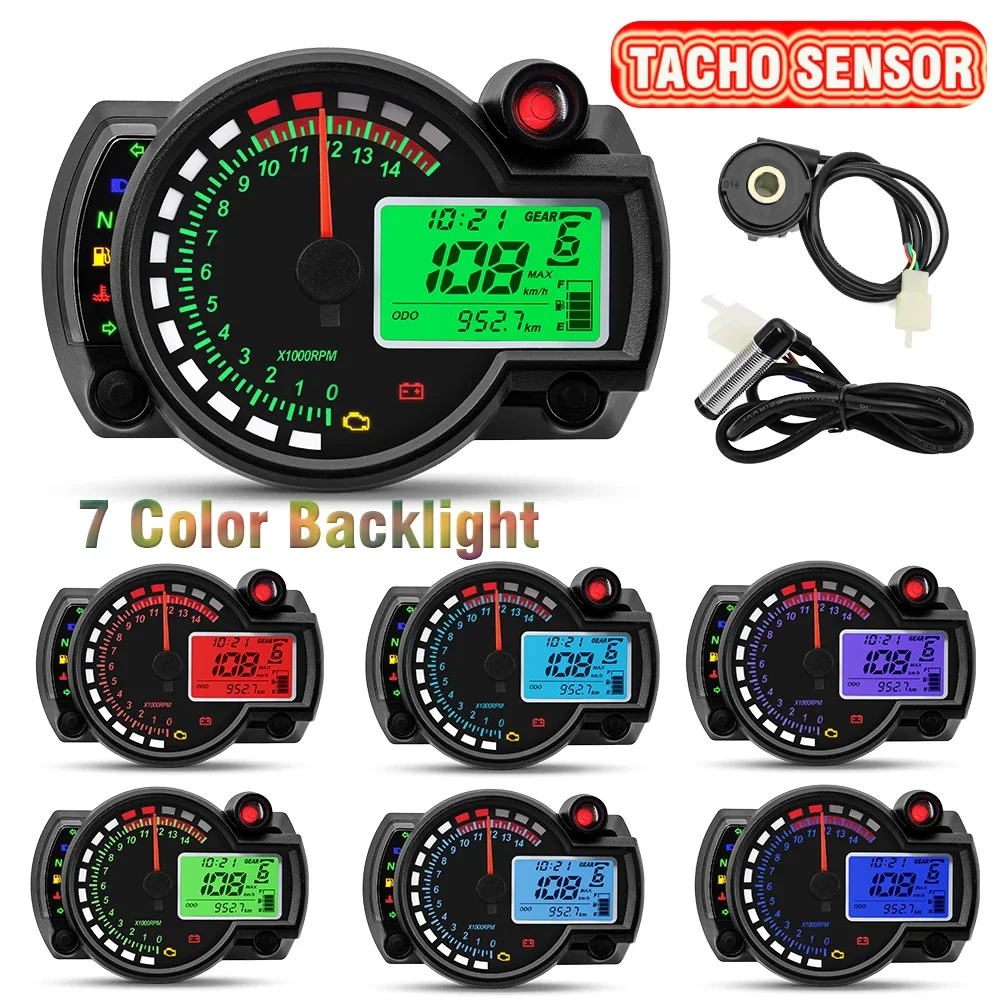 Motorcycle Meter 7colors Backlight Digital Speedometer Tachometer 10000rpm Moto Dashboard with Turbo Sensor Bracket for Kawasaki