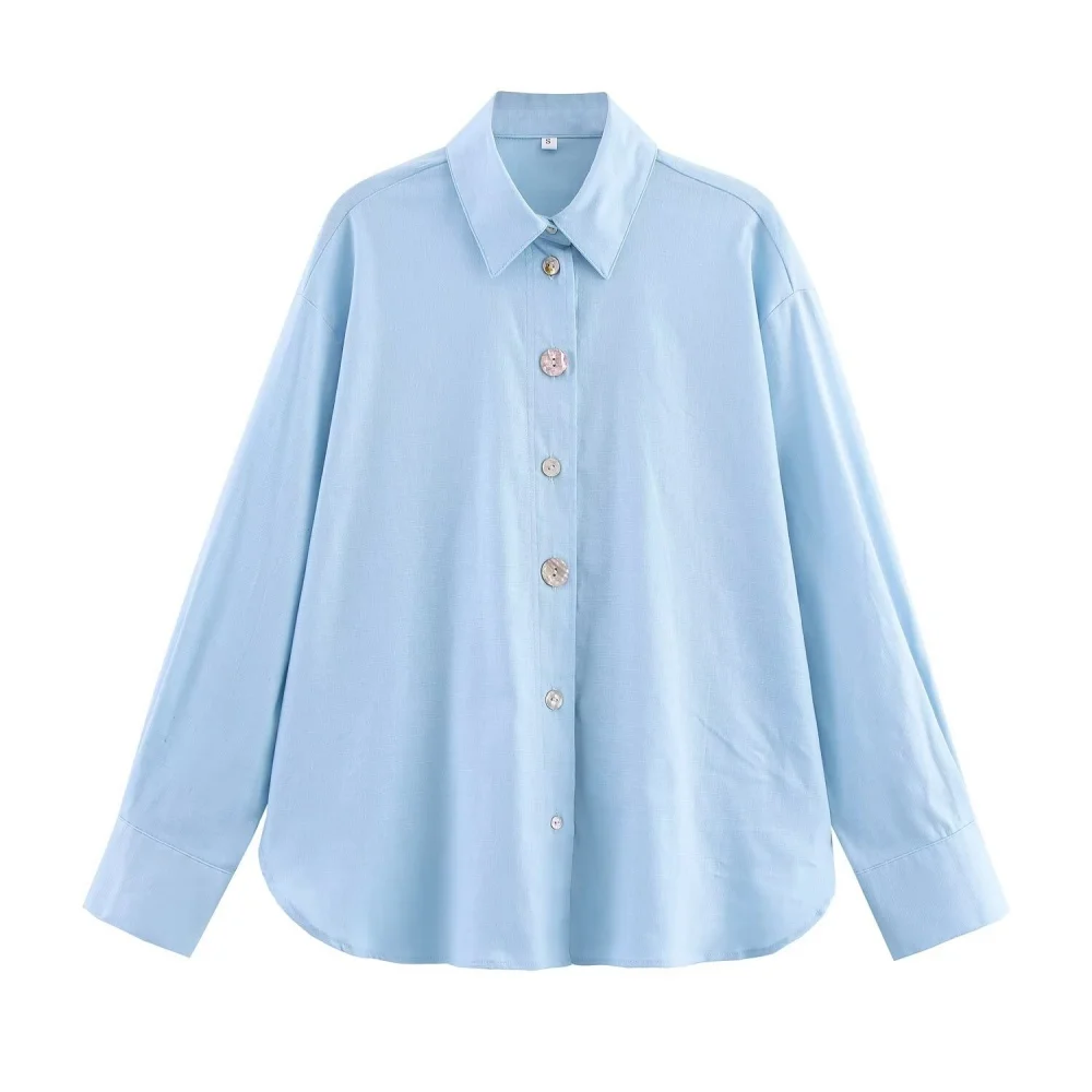 Camisa feminina de decoração de botão de emenda de cor sólida com gola e manga comprida verão nova camisa casual versátil