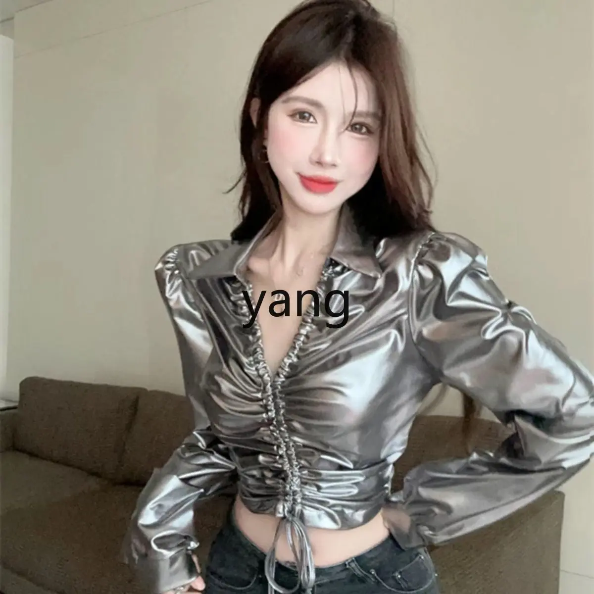 LMM temperament lapel PU leather shirt women eat ball glossy drawstring folds slim short