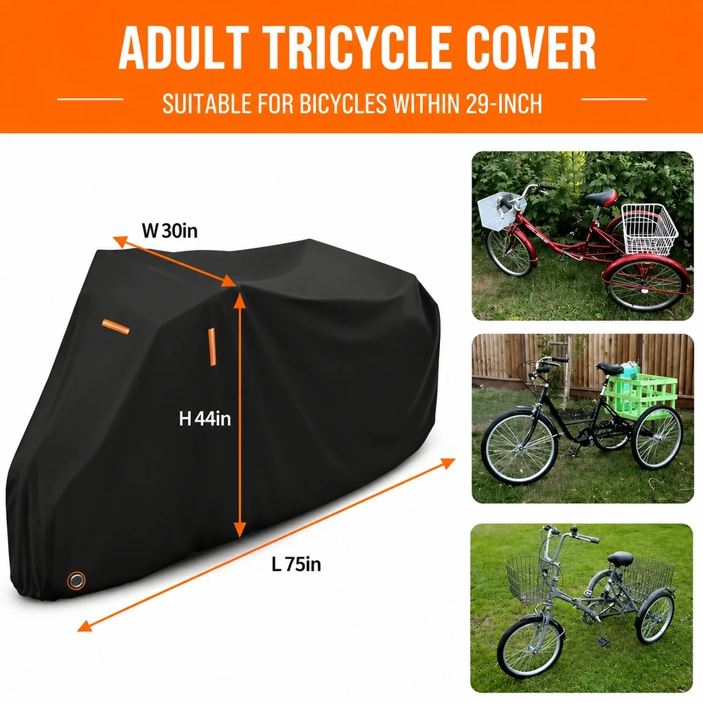 Adult Tricycle Cover Waterproof Outdoor UV Protection 29 Inch Bike Cover with Lock Hole Reflective Strips