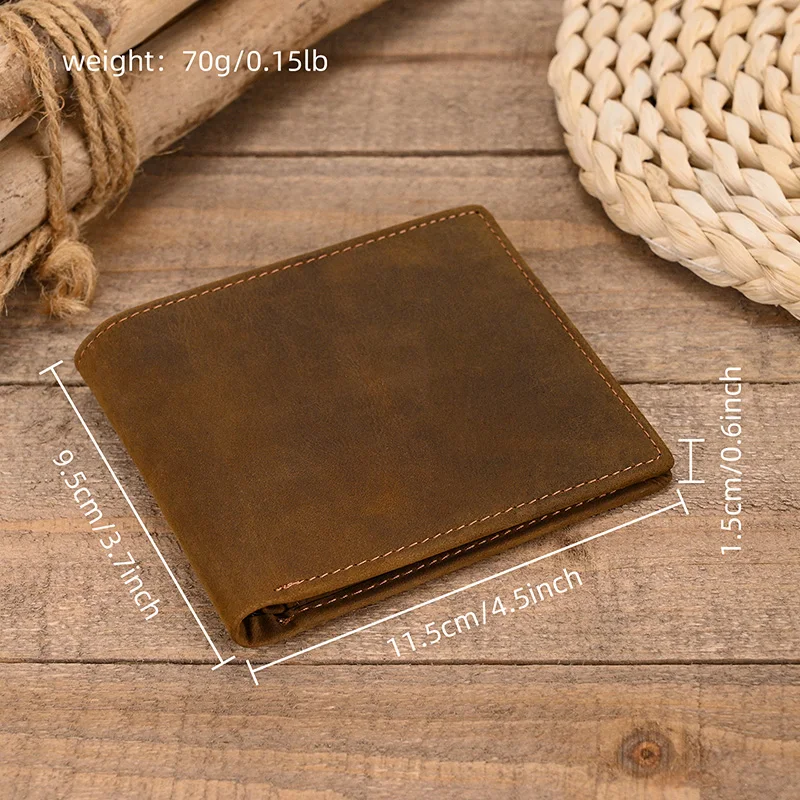 Men Genuine Leather Pocket Wallet Card Holder Sling Cow Leather Purse For Men Brown Retro Crazy Horse Leather Casual Short Purse