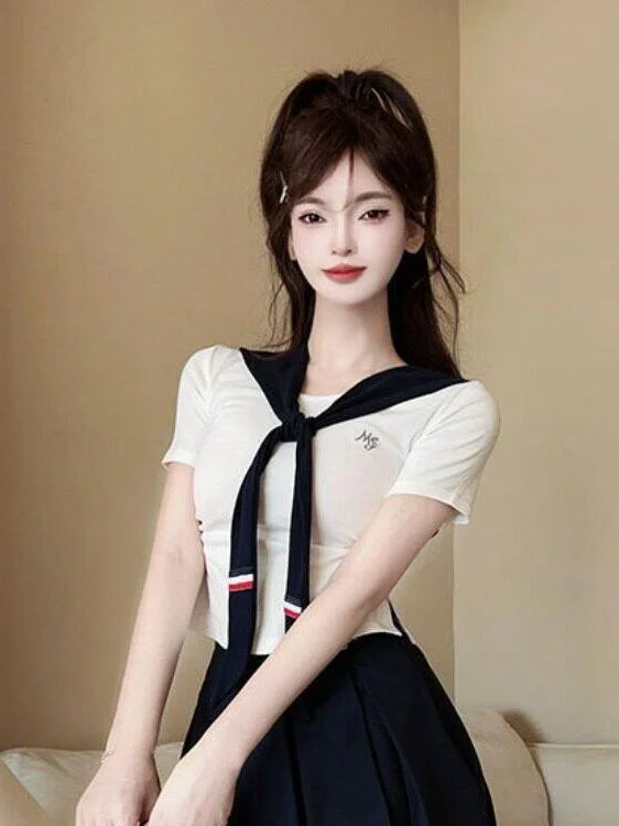 

Summer Slim Fit Short Sleeve Women's T-Shirt Naval Collar Color Block Shoulder Shawl Fashionable Small Size School Uniform Style