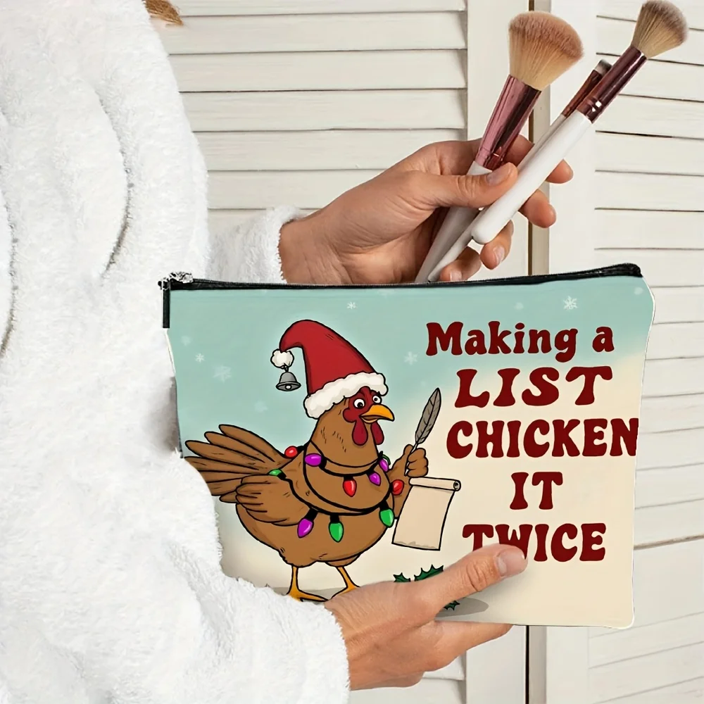 Una borsa per il trucco con motivo pollo natalizio: custodia multifunzionale con cerniera, borsa per riporre gioielli, piccola custodia con cerniera da viaggio perfetta b