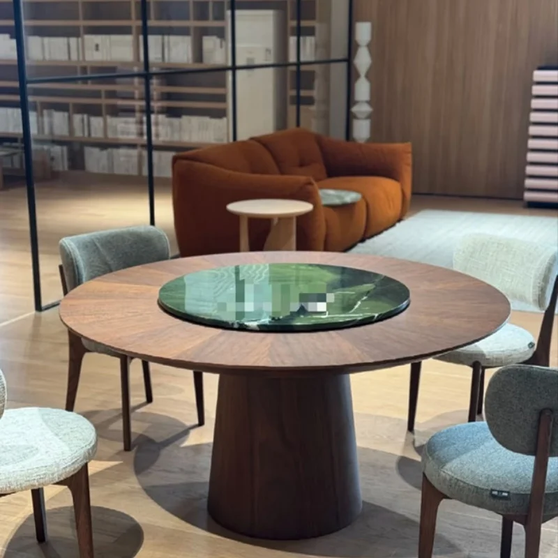 

Medieval wabi-sabi style walnut veneer wooden table face round dining table, marble tabletop