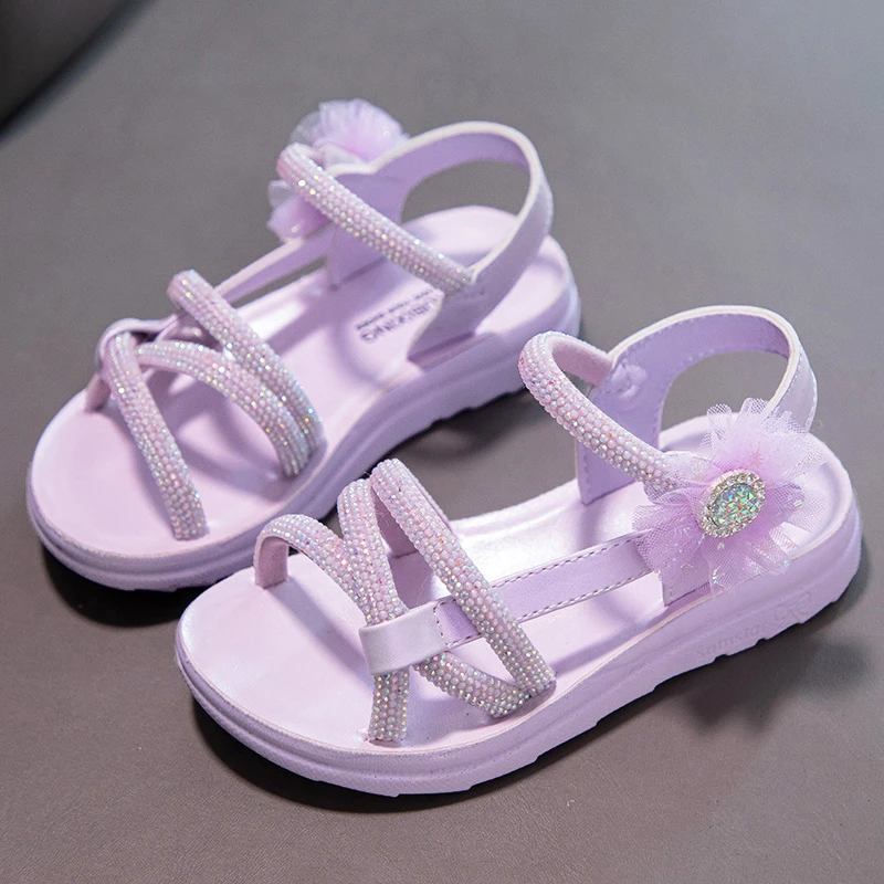 Children's Princess Shoes Baby Girls Bling Rhinestone Sandals Fashion Pearl Soft Bottom Kids Dance Party Sparkly Beach Sandals