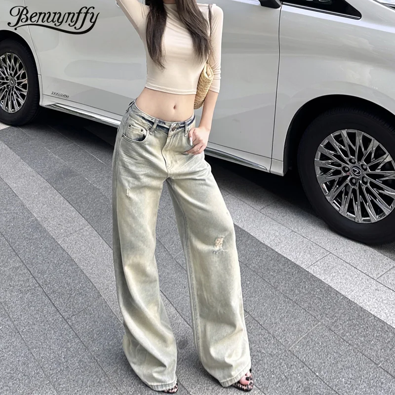 

Benuynffy Vintage Low-rise Distressed Ripped Jeans Women's 2025 Autumn Korean Fashion Strret Loose Washed Denim Wide Leg Pants
