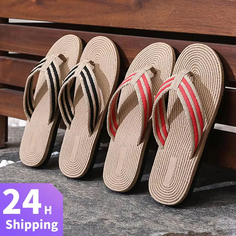 Summer Men Flip Flops Flat Sandals Outdoor Beach Shoes Man Indoor House Slides Linen Comfortable Slippers Pantuflas Hombre