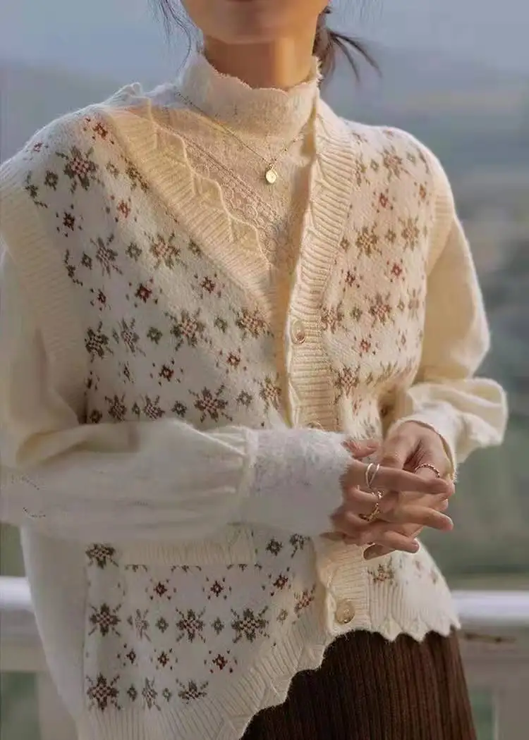 Retro V-Ne Strickweste Pullover Damen Faion Sweet Print Oulder Open Cardigan Oberbekleidung Trendy Sweater No Sve Regul...