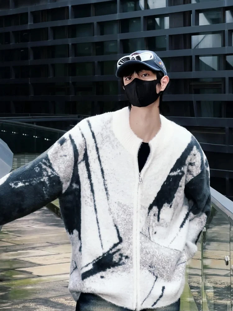 

Мужской вязаный кардиган свободного кроя с узором тай-дай и цветочным принтом, осенне-зимний, в корейском стиле, черно-белый, с двойной молнией