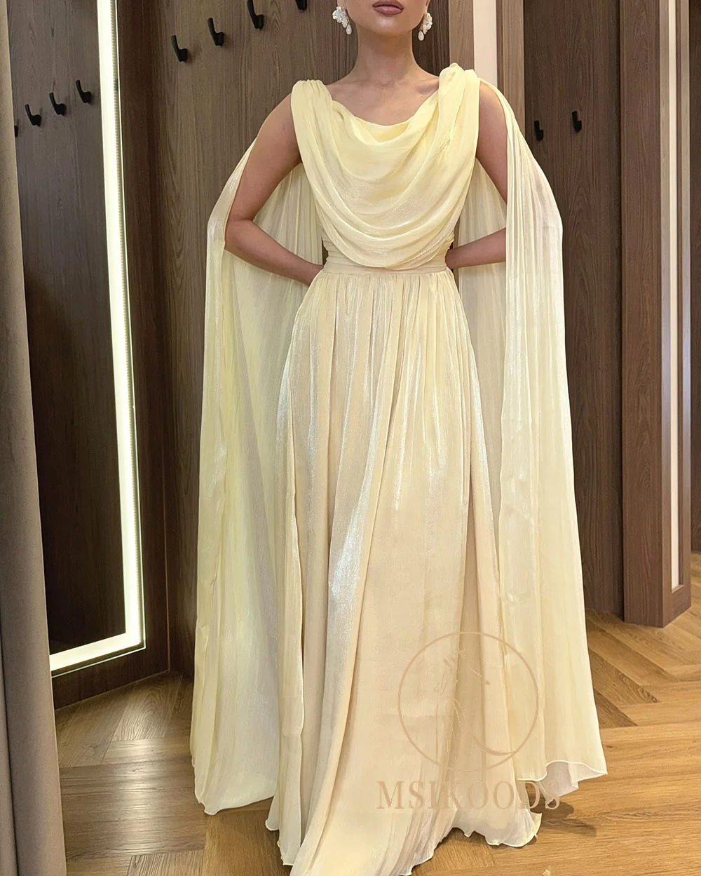 Msikoods yellow Prom Dress 2026 Elegant Draped Cape Bespoke Occasion Dress Floor Length Pleated Formal Party Gown Customizd