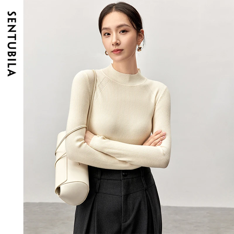 SENTUBILA Wool Slim Knitted Pullovers Women 2024 Autumn Solid Comfort Half High Neck Tops Casual Long Sleeve Ladies W43E57249