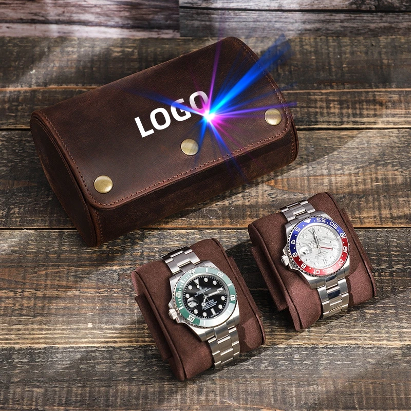 

Outdoor Portable 2 Slots Watch Roll Case COW LEATHER Free Customization Logo Name Customized Gift Watch Storage Cases Organizer