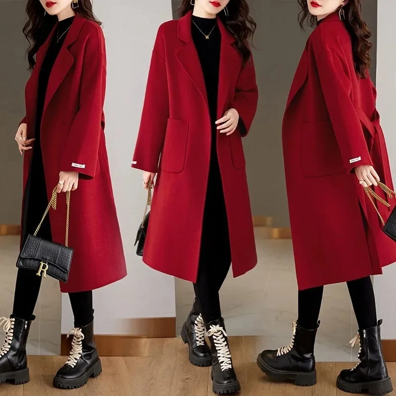 

Double Sided Wool Coat Lace-Up Women's Long Korean Loose Vintage Lady Blend Cashmere Jacket 2023 Autumn/Winter New High Quality