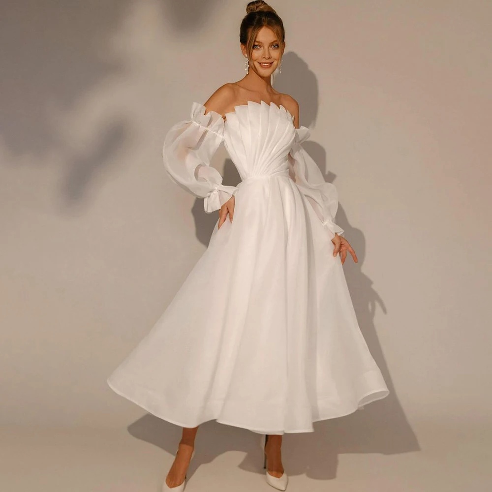 Strapless Simple Organza Ankle Length Wedding Dress Princess Long Puffy Sleeves Plus Size Beach Customized Micro Bridal Gowns