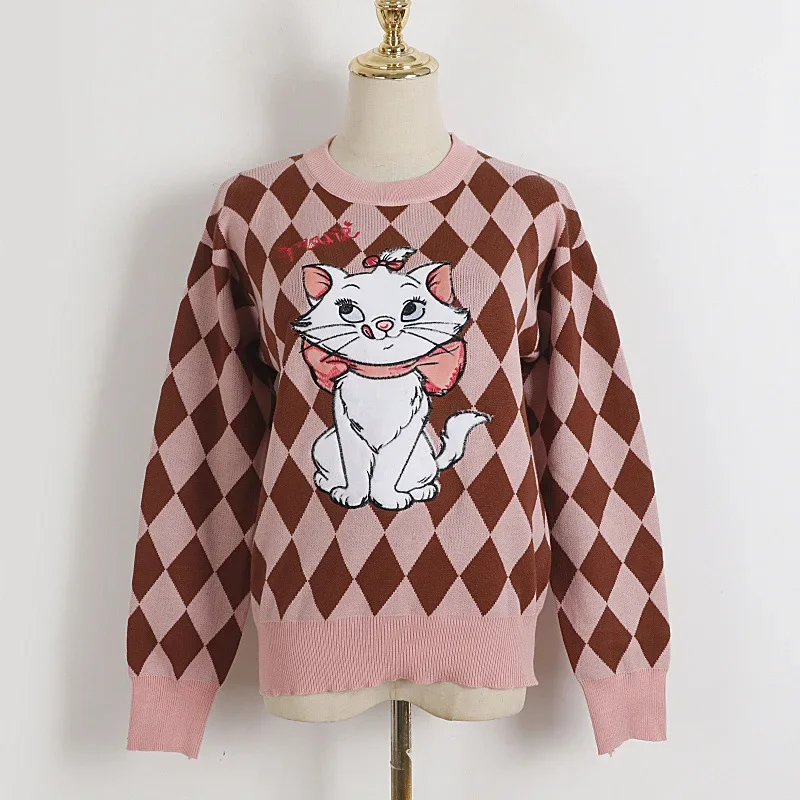 Autumn/Winter 2024 new Korean Alphabet Embroidery Geometric Ringer Crew-neck Sweater with Cat Embroidery Matching Color Top