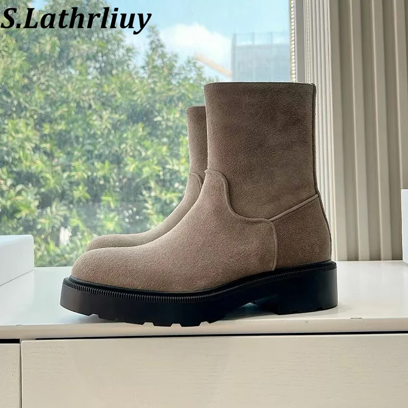 

Autumn Winter Round Toe Cow Suede Short Boots Women Thick Soles Increased Height Ankle Botas Fashion Versatile Riding Boots