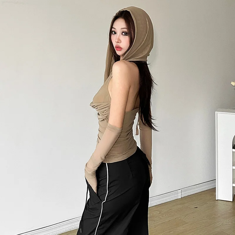 Top de Punto Ajustado para Mujer, Verano 2025, con Gorro, Cuello en V, Color Puro, Espalda Descubierta con Cinturón, Top Cort...